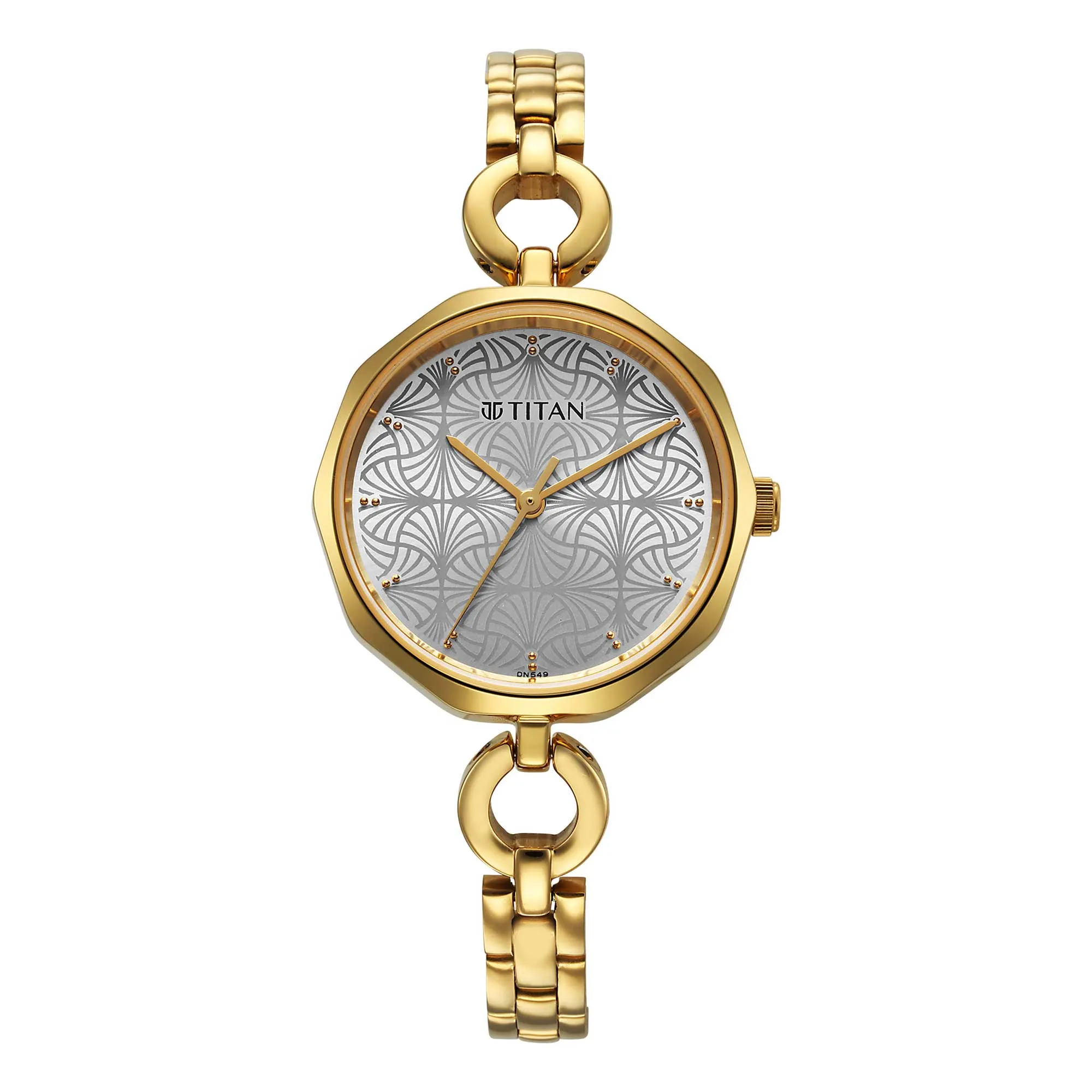 Titan Karishma Silver Dial Gold Metal Strap Watch for Women, 2702YM01