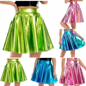Trends Womens Mini Skirt Shiny Mini Pleated Flared Skater Skirts High Waist Metallic Skirt Athletic Tennis Dress