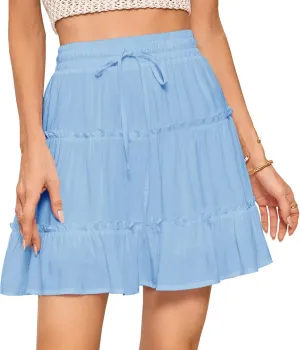 Tsher Women's High Elastic Waist Ruffle Casual Boho A-line Mini Skirts 0328