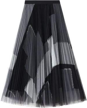 tuduoms Color Block Tulle Pleated Skirts Women's High Waist A-line Mesh Flowy Midi Skirt Wedding Party Boho Long Maxi Skirts