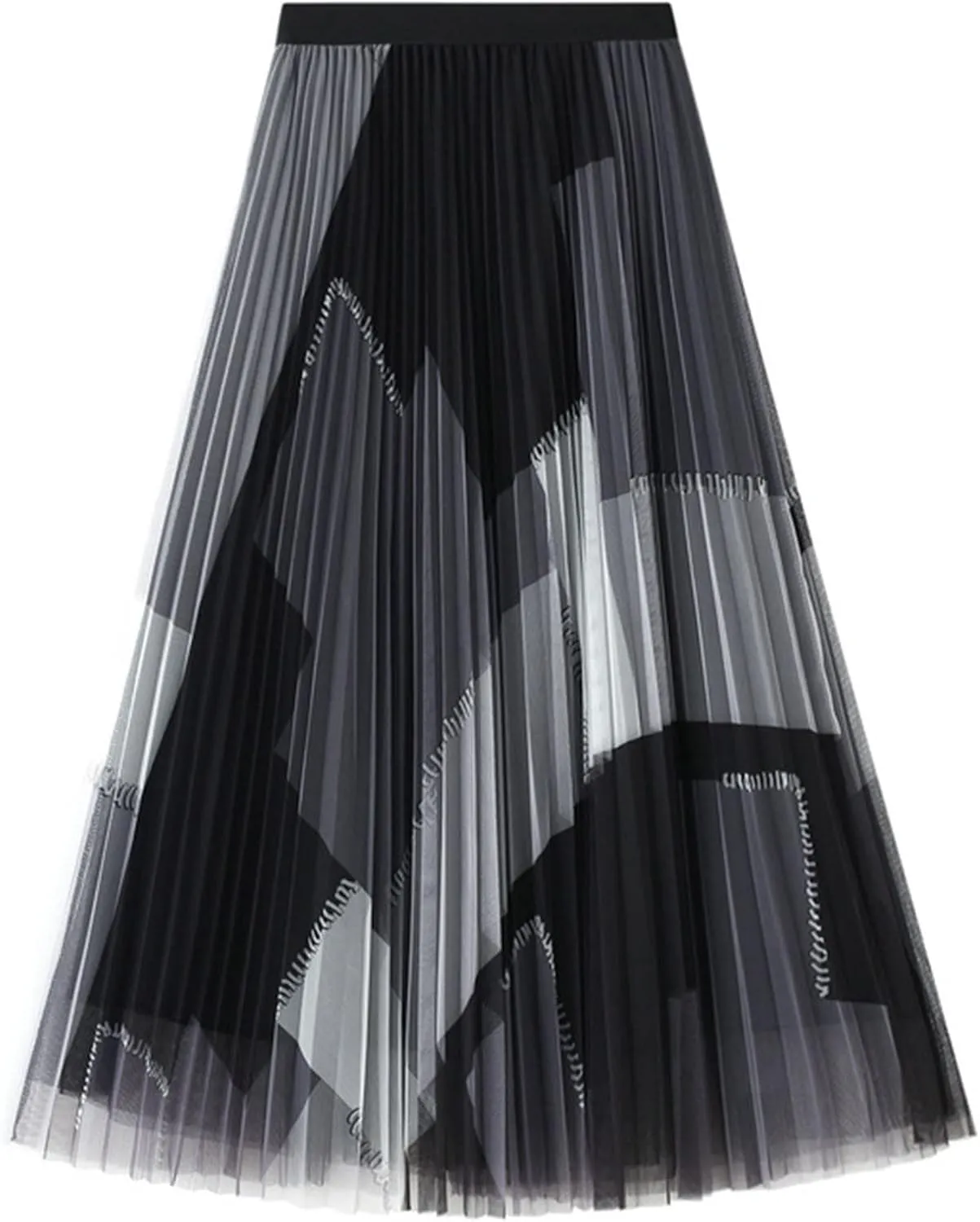 tuduoms Color Block Tulle Pleated Skirts Women's High Waist A-line Mesh Flowy Midi Skirt Wedding Party Boho Long Maxi Skirts