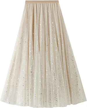 tuduoms Long Tulle Skirt Womens Sequin Glitter Party Skirt Pleated Aline Layered Tutu Skirt Mesh Flowy Midi Maxi Skirt Dress