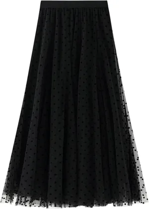 tuduoms Party Fairy Tulle Skirts Polka Dot Layered Mesh A-line Midi Tutu Skirt Cute Beach Vacation Pleated Flowy Maxi Skirt