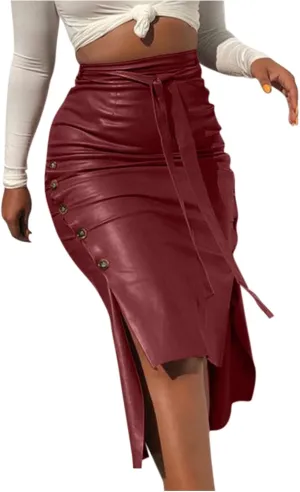 tuduoms Womens Slim Fit Pencil Skirt Sexy Faux Leather Split Midi Skirt Elegant Lady's High Waisted Bodycon Office Skirts Wine