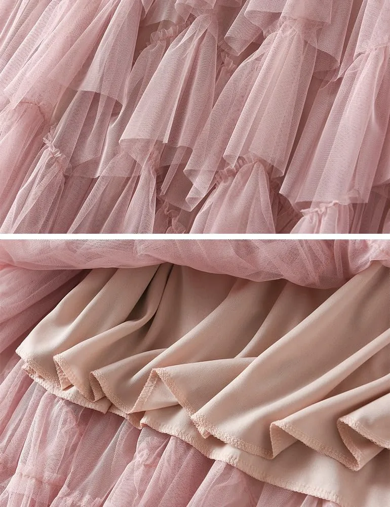 Tulle Skirts for Women High Waisted A Line Cute Fairy Fluffy Layered Ruffle Midi Pleated Skirt