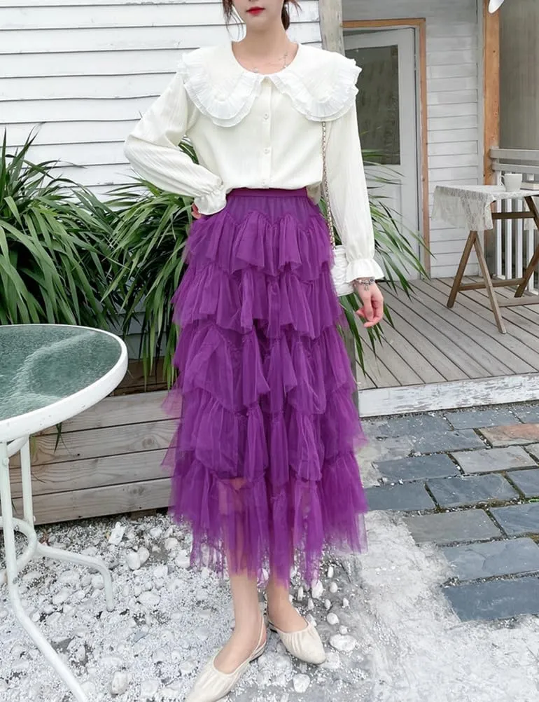 Tulle Skirts for Women High Waisted A Line Cute Fairy Fluffy Layered Ruffle Midi Pleated Skirt