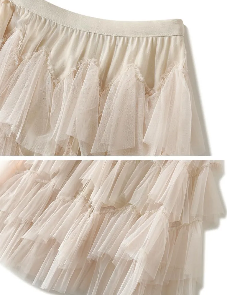Tulle Skirts for Women High Waisted A Line Cute Fairy Fluffy Layered Ruffle Midi Pleated Skirt