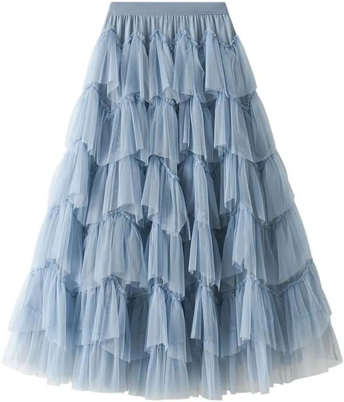 Tulle Skirts for Women High Waisted A Line Cute Fairy Fluffy Layered Ruffle Midi Pleated Skirt