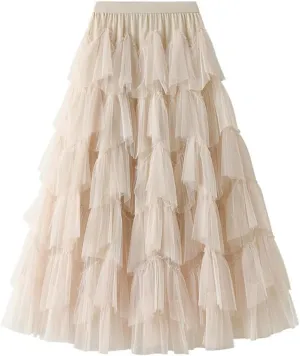 Tulle Skirts for Women High Waisted A Line Cute Fairy Fluffy Layered Ruffle Midi Pleated Skirt