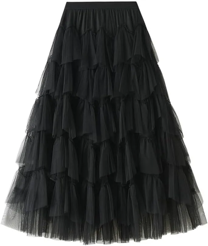 Tulle Skirts for Women High Waisted A Line Cute Fairy Fluffy Layered Ruffle Midi Pleated Skirt