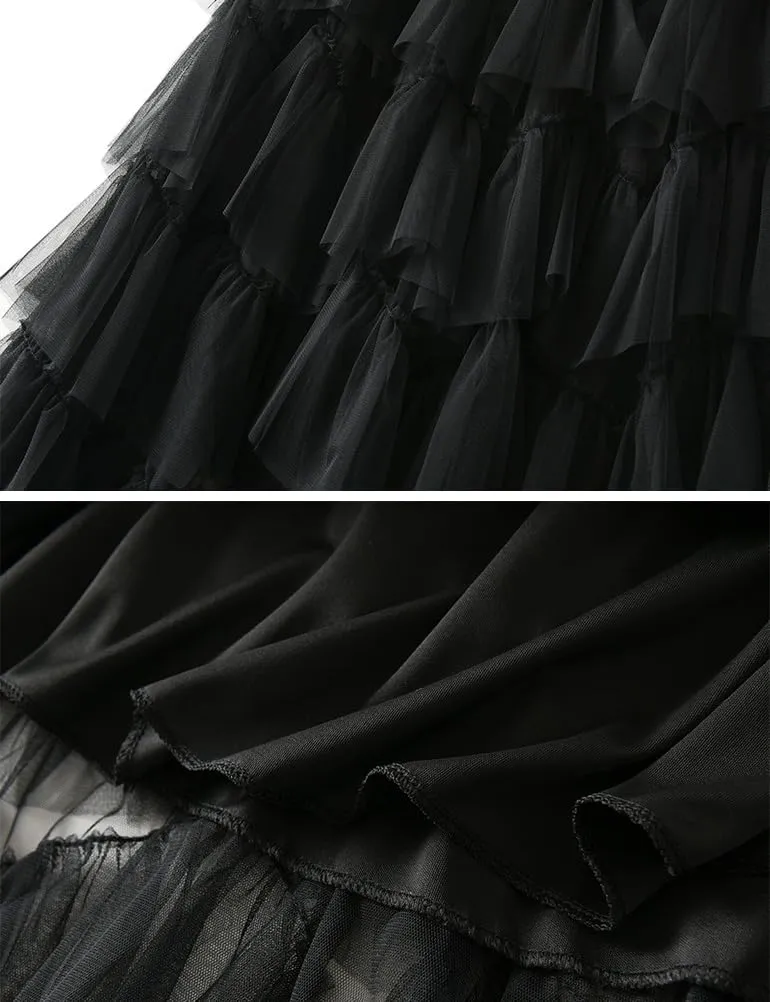 Tulle Skirts for Women High Waisted A Line Cute Fairy Fluffy Layered Ruffle Midi Pleated Skirt