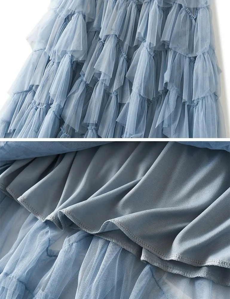 Tulle Skirts for Women High Waisted A Line Cute Fairy Fluffy Layered Ruffle Midi Pleated Skirt
