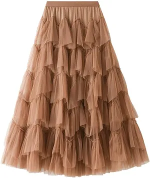 Tulle Skirts for Women High Waisted A Line Cute Fairy Fluffy Layered Ruffle Midi Pleated Skirt