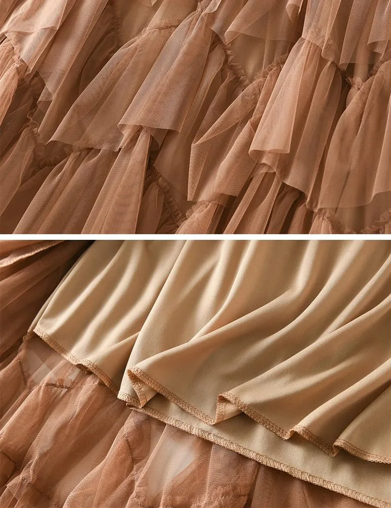 Tulle Skirts for Women High Waisted A Line Cute Fairy Fluffy Layered Ruffle Midi Pleated Skirt
