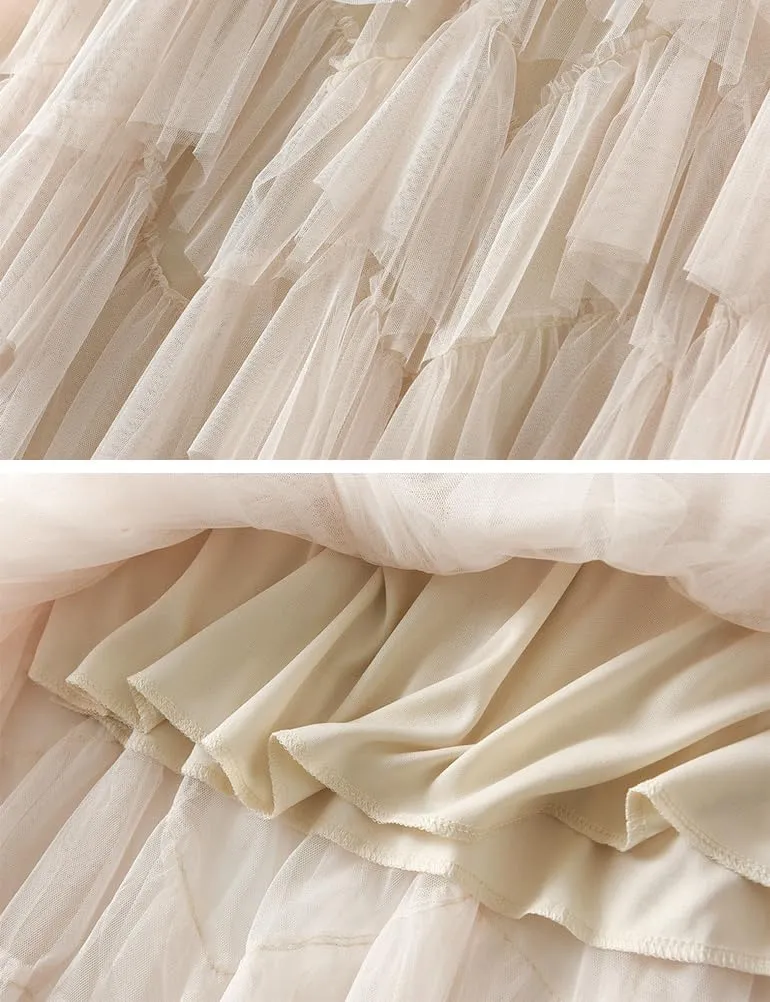Tulle Skirts for Women High Waisted A Line Cute Fairy Fluffy Layered Ruffle Midi Pleated Skirt