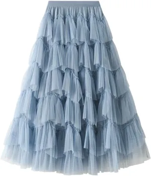 Tulle Skirts for Women High Waisted A Line Cute Fairy Fluffy Layered Ruffle Midi Pleated Skirt