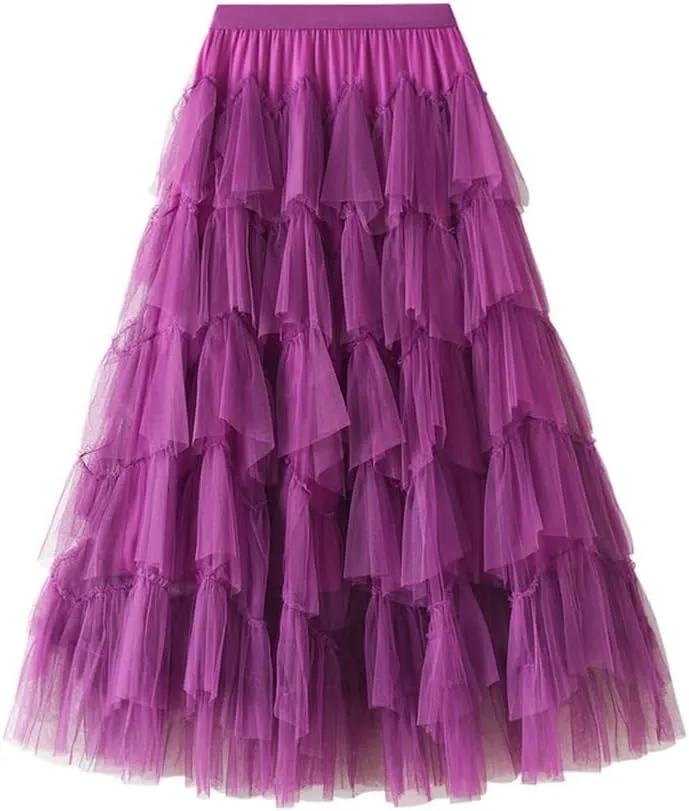Tulle Skirts for Women High Waisted A Line Cute Fairy Fluffy Layered Ruffle Midi Pleated Skirt