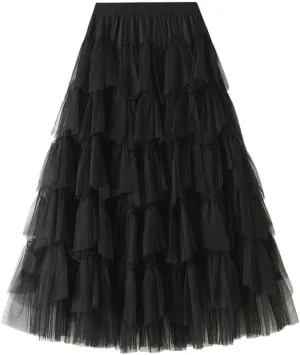 Tulle Skirts for Women High Waisted A Line Cute Fairy Fluffy Layered Ruffle Midi Pleated Skirt
