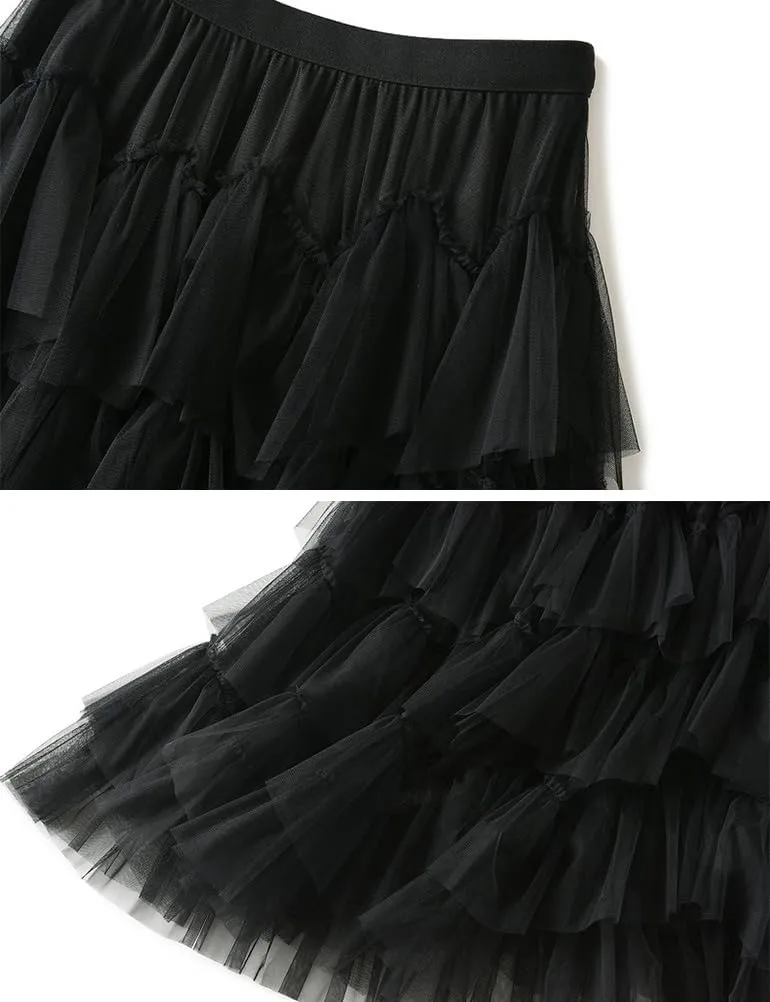 Tulle Skirts for Women High Waisted A Line Cute Fairy Fluffy Layered Ruffle Midi Pleated Skirt