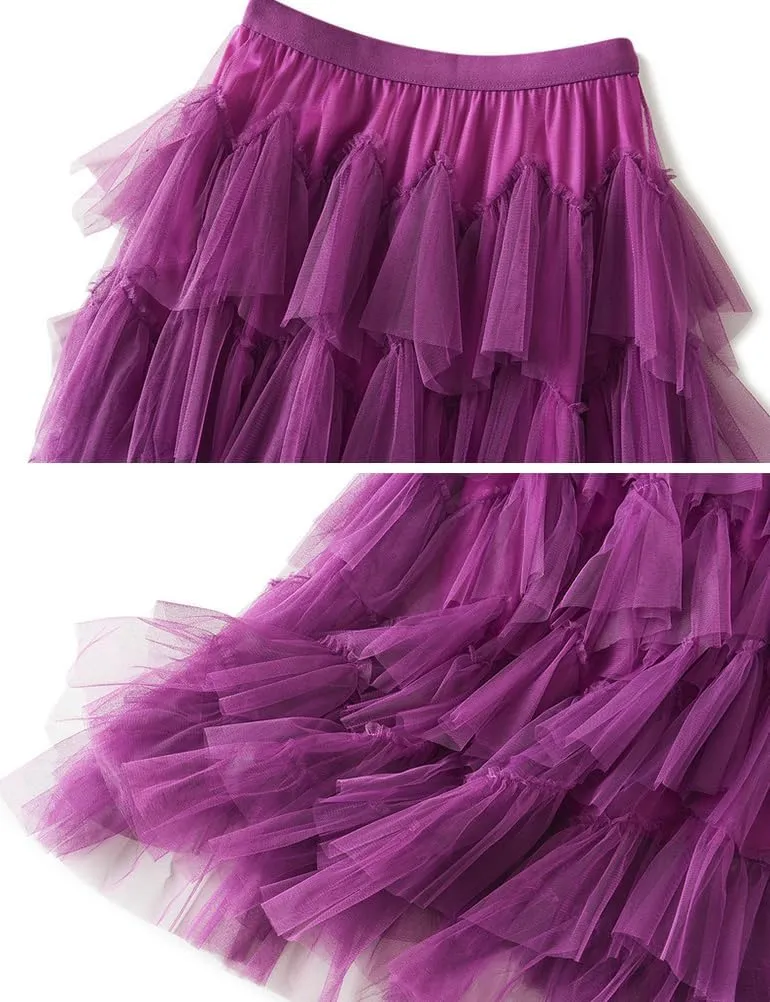 Tulle Skirts for Women High Waisted A Line Cute Fairy Fluffy Layered Ruffle Midi Pleated Skirt