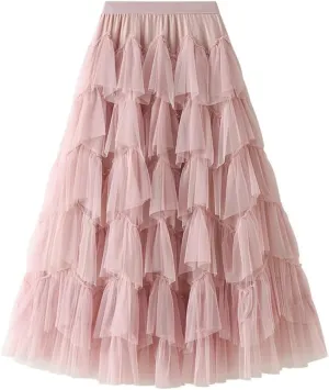 Tulle Skirts for Women High Waisted A Line Cute Fairy Fluffy Layered Ruffle Midi Pleated Skirt