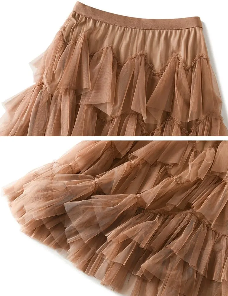 Tulle Skirts for Women High Waisted A Line Cute Fairy Fluffy Layered Ruffle Midi Pleated Skirt