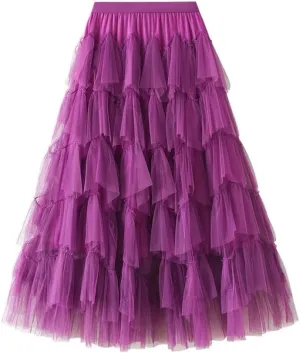 Tulle Skirts for Women High Waisted A Line Cute Fairy Fluffy Layered Ruffle Midi Pleated Skirt