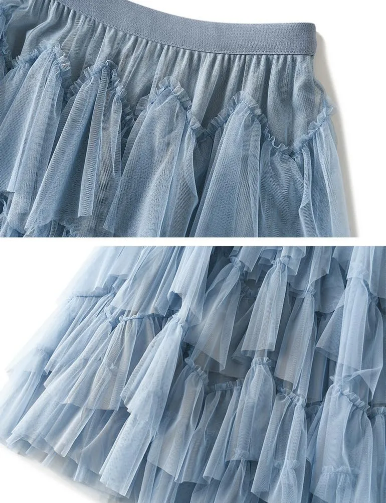 Tulle Skirts for Women High Waisted A Line Cute Fairy Fluffy Layered Ruffle Midi Pleated Skirt