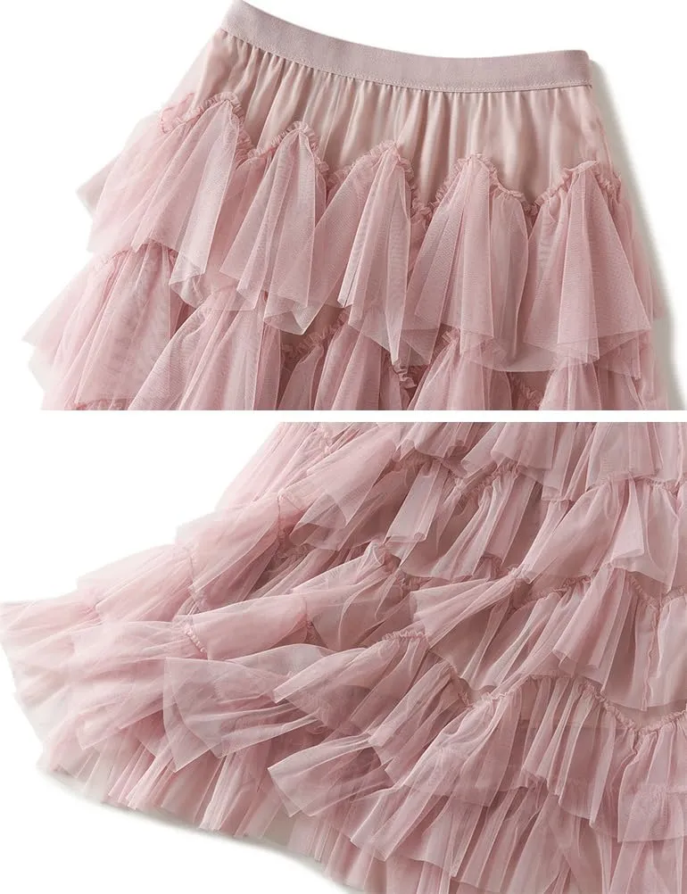 Tulle Skirts for Women High Waisted A Line Cute Fairy Fluffy Layered Ruffle Midi Pleated Skirt