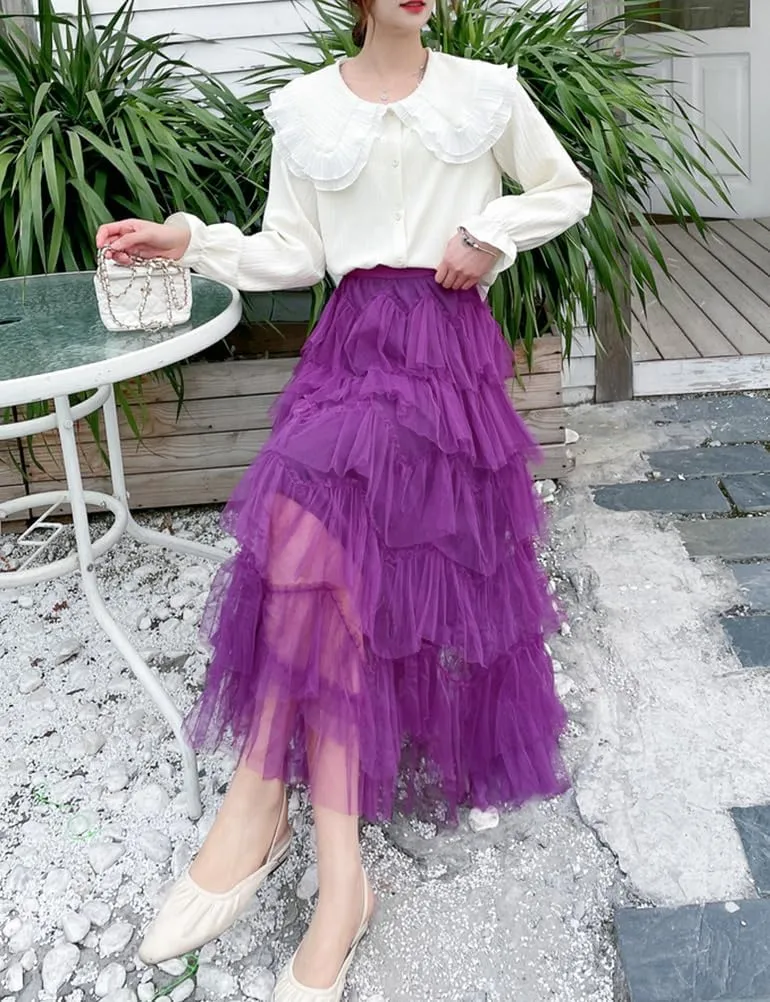 Tulle Skirts for Women High Waisted A Line Cute Fairy Fluffy Layered Ruffle Midi Pleated Skirt