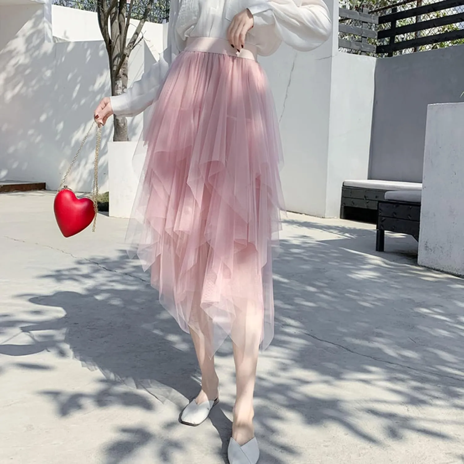 Tulle Skirts for Women Trendy High Low Asymmetrical Layered Flowy Skirt Elastic Waist Midi Skirt Ruffle Fairy Skirt