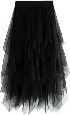 Tulle Skirts for Women Trendy High Low Asymmetrical Layered Flowy Skirt Elastic Waist Midi Skirt Ruffle Fairy Skirt