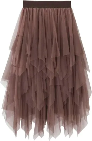 Tulle Skirts for Women Trendy High Low Asymmetrical Layered Flowy Skirt Elastic Waist Midi Skirt Ruffle Fairy Skirt