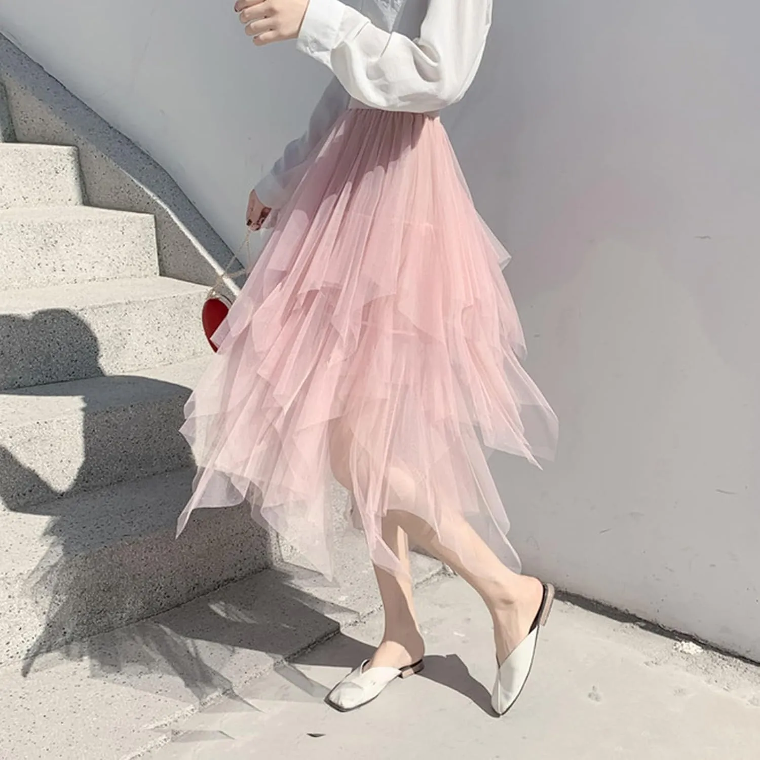 Tulle Skirts for Women Trendy High Low Asymmetrical Layered Flowy Skirt Elastic Waist Midi Skirt Ruffle Fairy Skirt