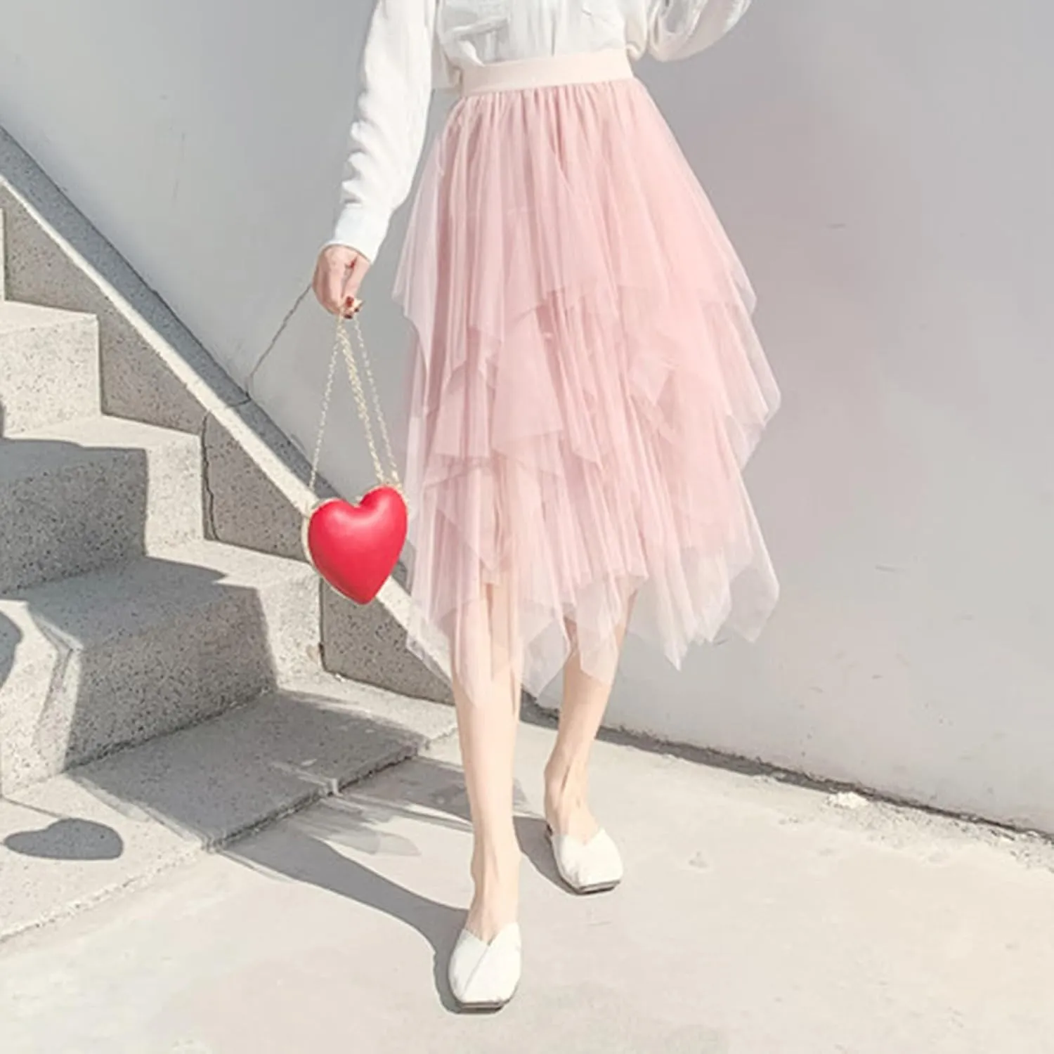 Tulle Skirts for Women Trendy High Low Asymmetrical Layered Flowy Skirt Elastic Waist Midi Skirt Ruffle Fairy Skirt