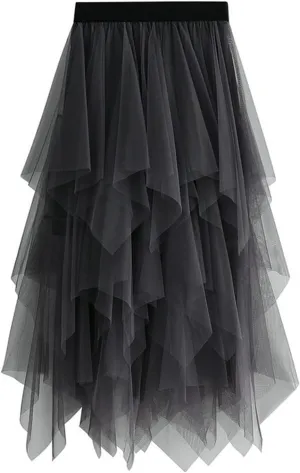 Tulle Skirts for Women Trendy High Low Asymmetrical Layered Flowy Skirt Elastic Waist Midi Skirt Ruffle Fairy Skirt