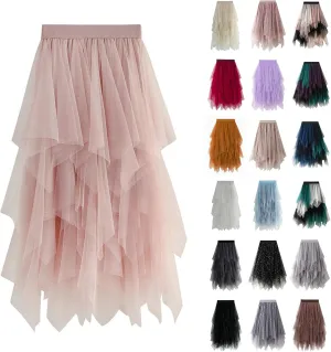 Tulle Skirts for Women Trendy High Low Asymmetrical Layered Flowy Skirt Elastic Waist Midi Skirt Ruffle Fairy Skirt