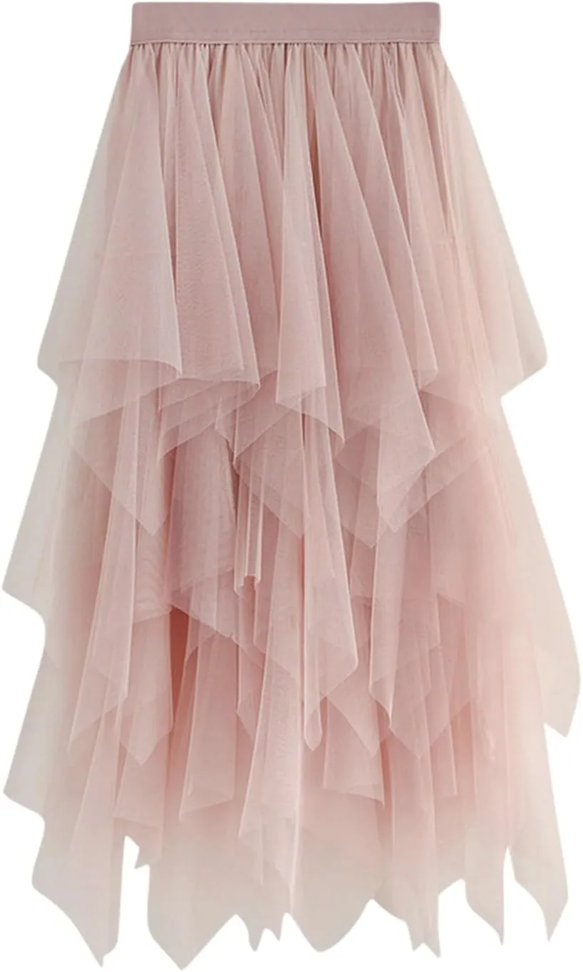 Tulle Skirts for Women Trendy High Low Asymmetrical Layered Flowy Skirt Elastic Waist Midi Skirt Ruffle Fairy Skirt