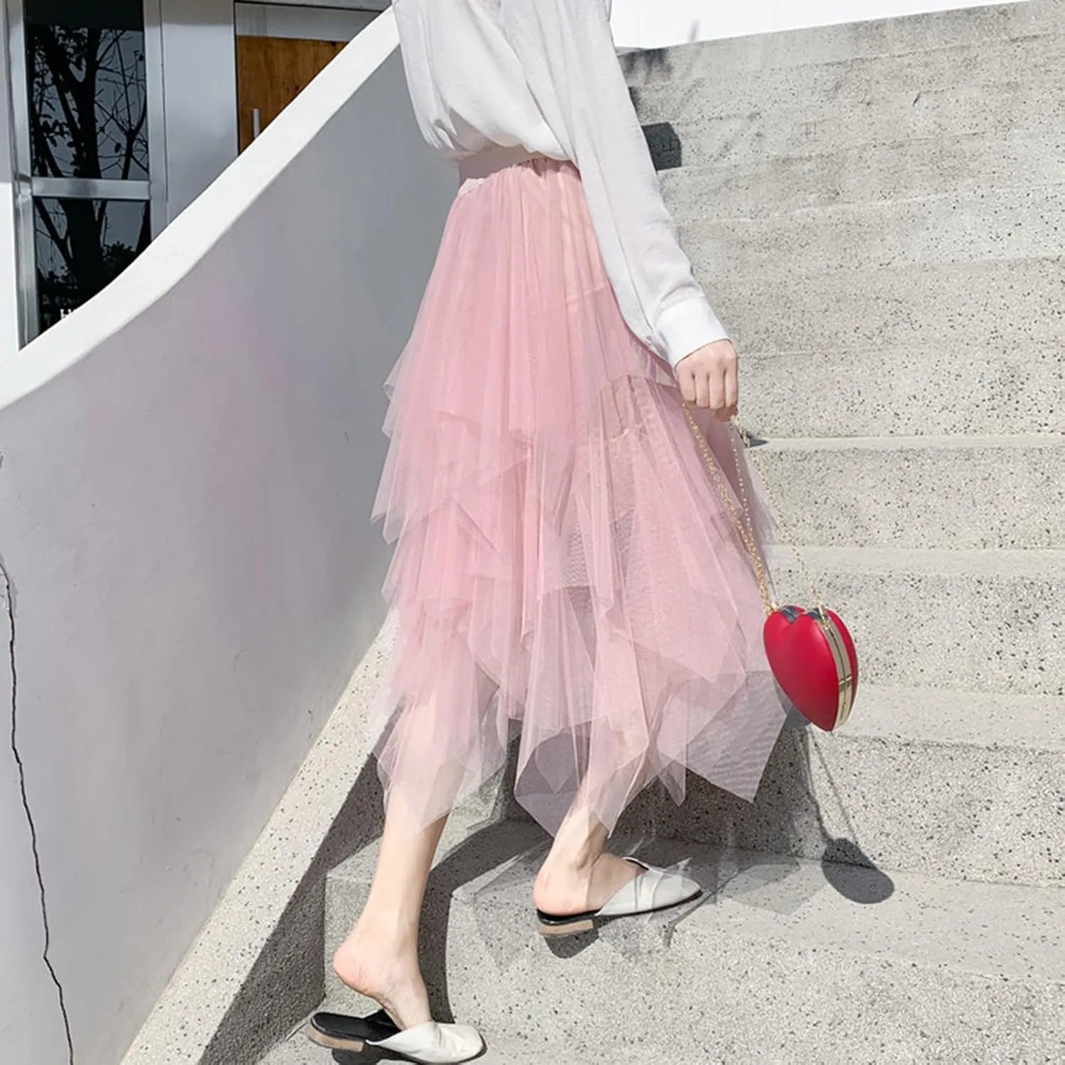 Tulle Skirts for Women Trendy High Low Asymmetrical Layered Flowy Skirt Elastic Waist Midi Skirt Ruffle Fairy Skirt