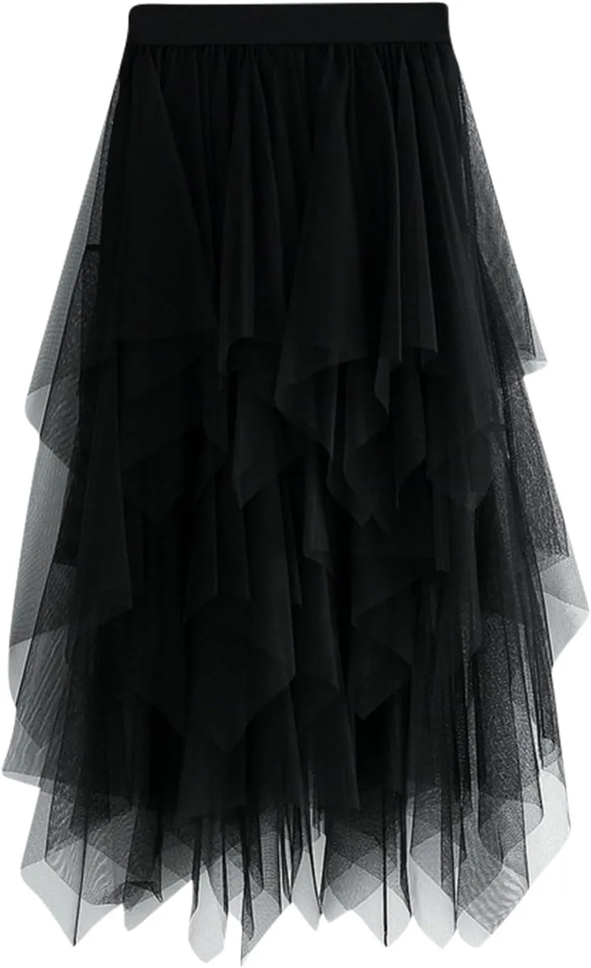 Tulle Skirts for Women Trendy High Low Asymmetrical Layered Flowy Skirt Elastic Waist Midi Skirt Ruffle Fairy Skirt