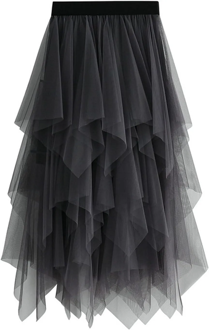 Tulle Skirts for Women Trendy High Low Asymmetrical Layered Flowy Skirt Elastic Waist Midi Skirt Ruffle Fairy Skirt