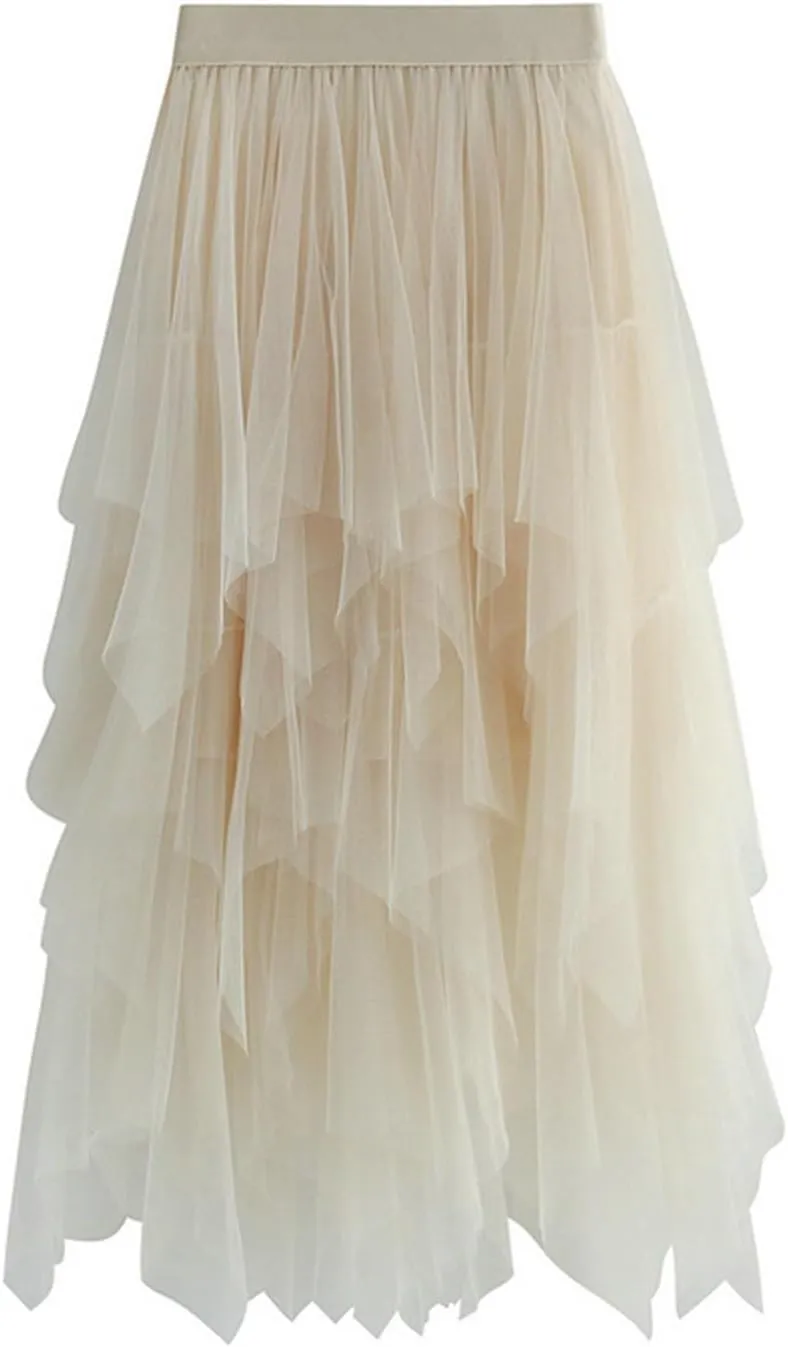 Tulle Skirts for Women Trendy High Low Asymmetrical Layered Flowy Skirt Elastic Waist Midi Skirt Ruffle Fairy Skirt