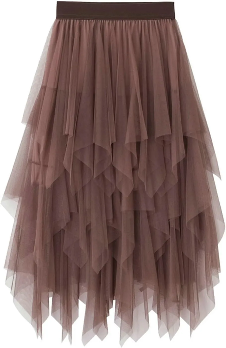 Tulle Skirts for Women Trendy High Low Asymmetrical Layered Flowy Skirt Elastic Waist Midi Skirt Ruffle Fairy Skirt