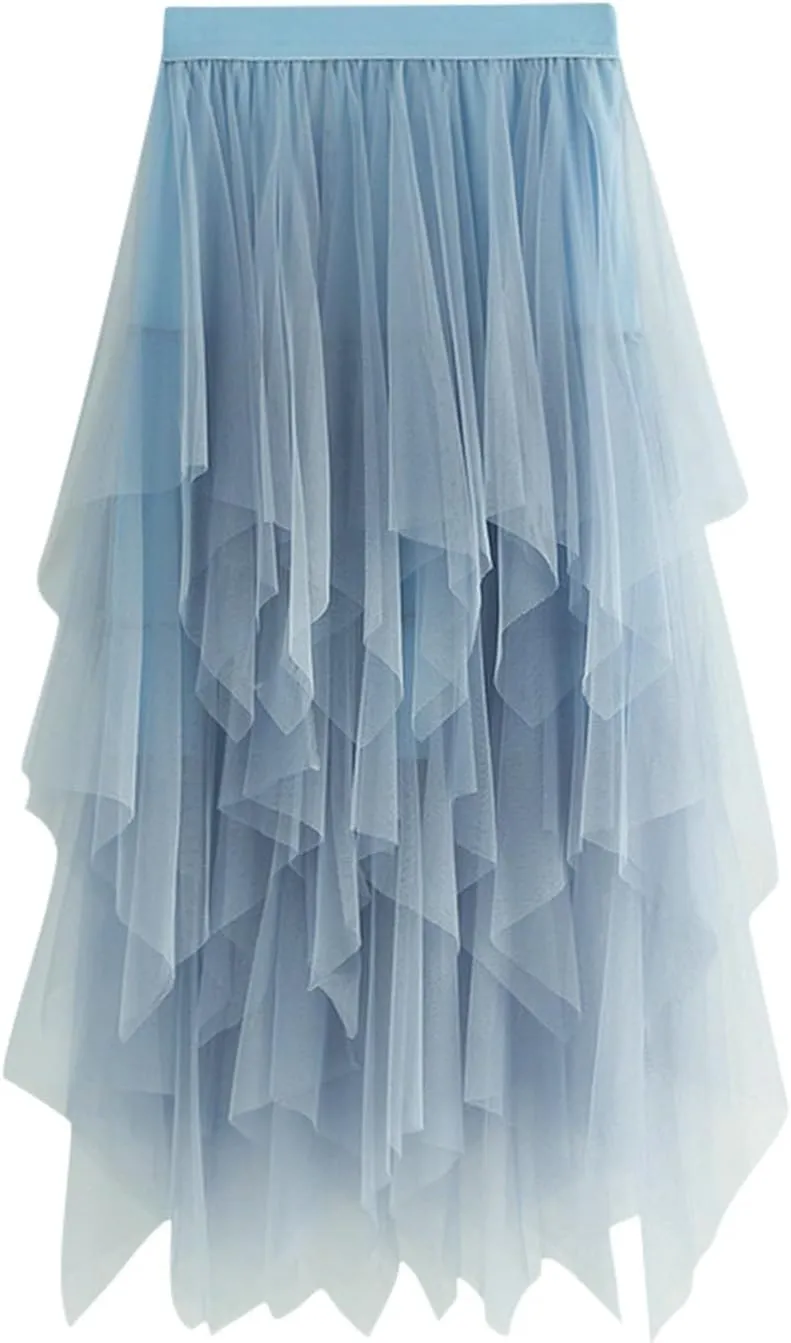 Tulle Skirts for Women Trendy High Low Asymmetrical Layered Flowy Skirt Elastic Waist Midi Skirt Ruffle Fairy Skirt