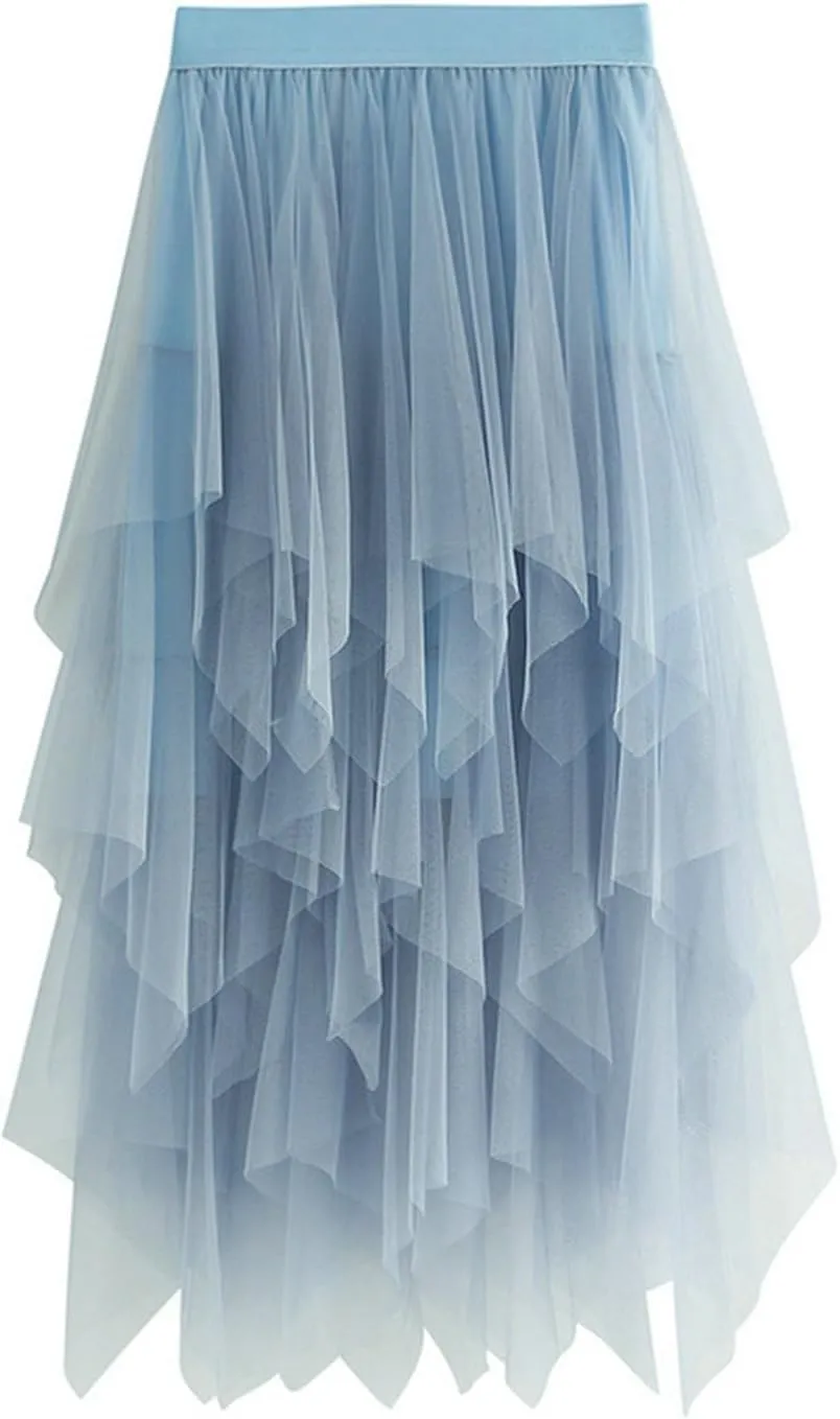 Tulle Skirts for Women Trendy High Low Asymmetrical Layered Flowy Skirt Elastic Waist Midi Skirt Ruffle Fairy Skirt