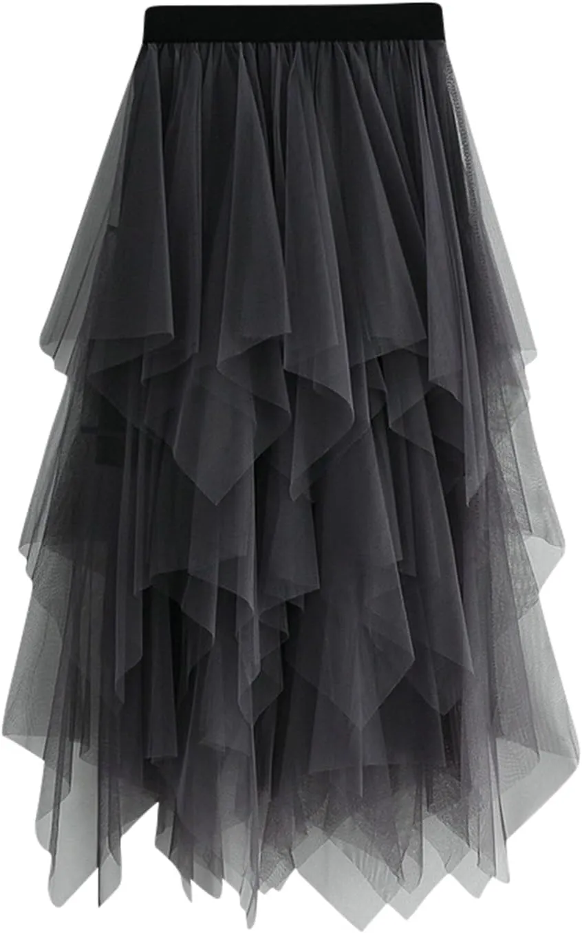 Tulle Skirts for Women Trendy High Low Asymmetrical Layered Flowy Skirt Elastic Waist Midi Skirt Ruffle Fairy Skirt