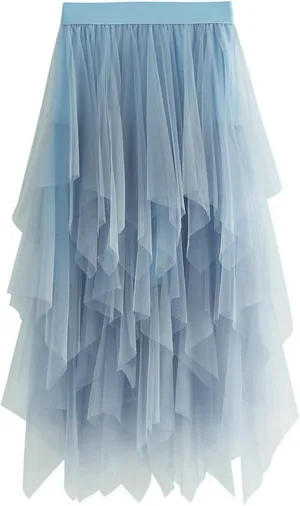 Tulle Skirts for Women Trendy High Low Asymmetrical Layered Flowy Skirt Elastic Waist Midi Skirt Ruffle Fairy Skirt