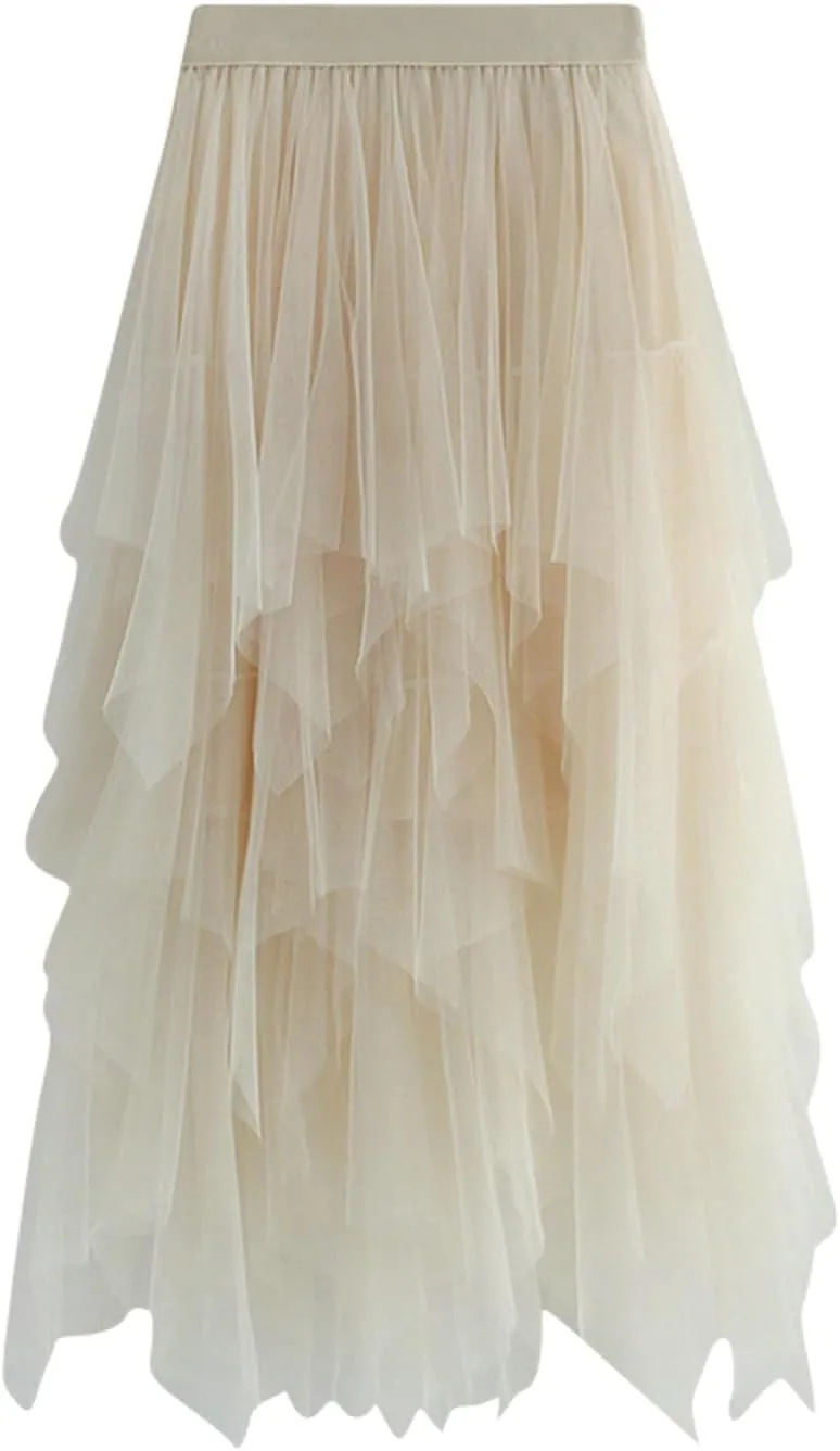 Tulle Skirts for Women Trendy High Low Asymmetrical Layered Flowy Skirt Elastic Waist Midi Skirt Ruffle Fairy Skirt