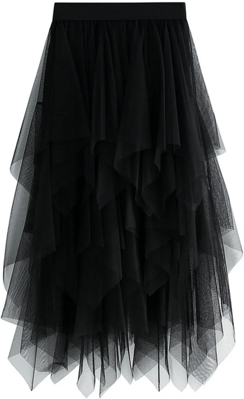 Tulle Skirts for Women Trendy High Low Asymmetrical Layered Flowy Skirt Elastic Waist Midi Skirt Ruffle Fairy Skirt