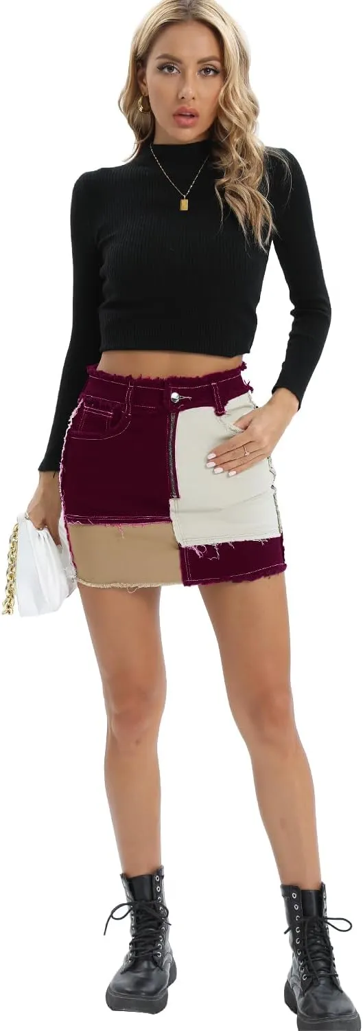 Tulucky Womens Fashion Mid-Rise Color Blocking Patchwork Ripped Stretch Denim Skirts